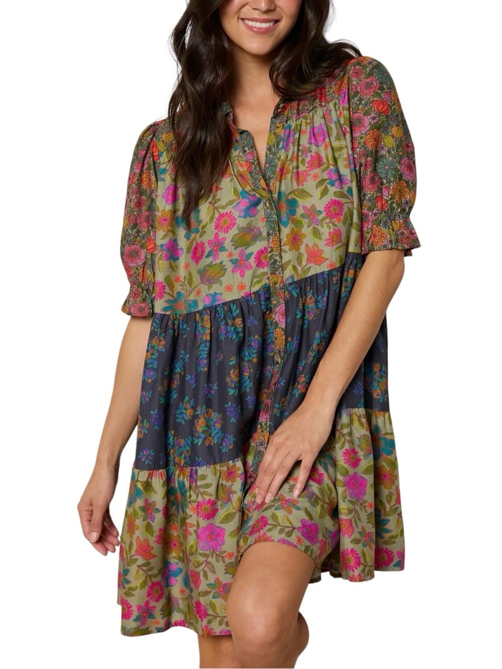 NATURAL LIFE Chasing Blossoms Floral Swing Mini Dress Small NWT Tiered Flowy